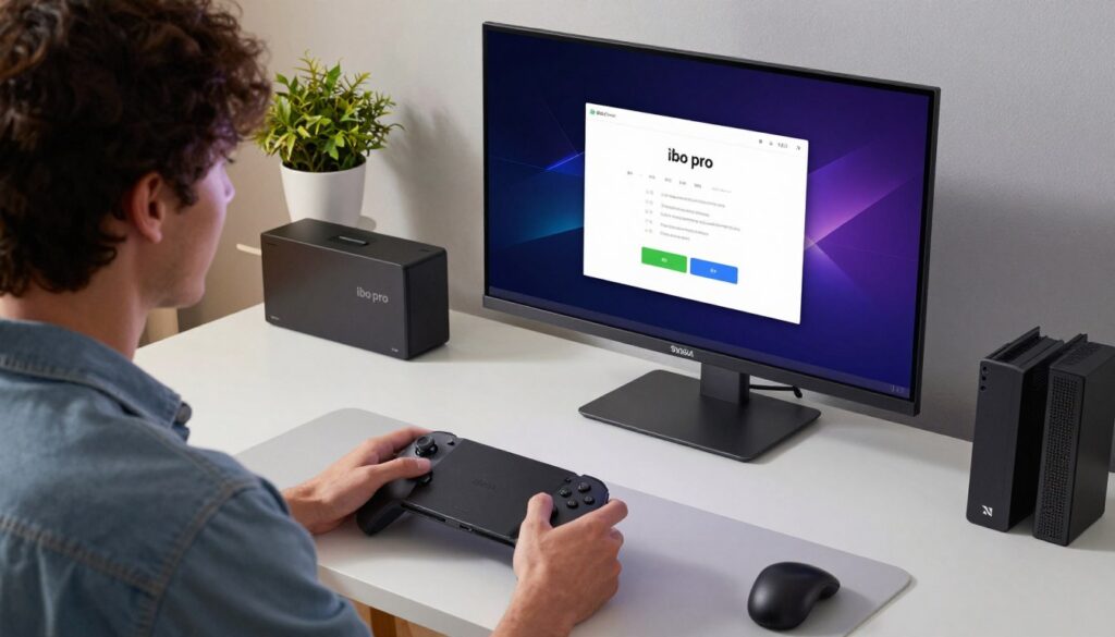 A detailed step-by-step installation process for "ibo pro" on an NVIDIA Shield, illustrated in a well-lit, modern home office setting. In the foreground, a sleek NVIDIA Shield device sits on a stylish desk, connected to a large screen displaying the ibo pro installation interface. In the middle, a person in smart casual attire is focusing on the screen, with one hand on a game controller, showcasing the interactive setup process. The background features a clean workspace with tech gadgets, plants, and soft ambient lighting to create a professional atmosphere. The scene conveys a sense of productivity and excitement about the installation. Capture the image from a slightly elevated angle to emphasize the setup.