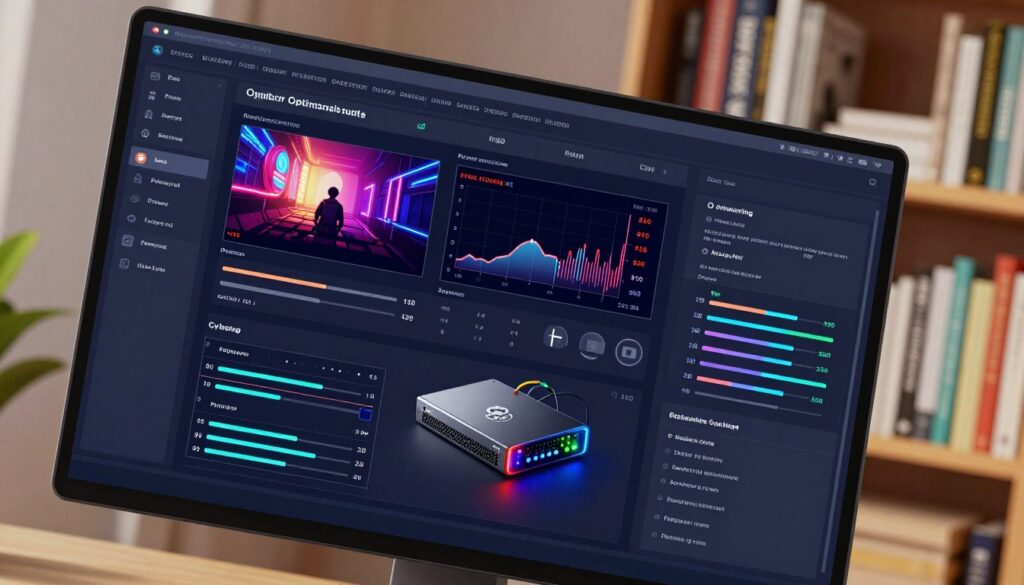 A detailed, visually rich illustration of video playback optimization settings on a computer screen, featuring a modern graphical user interface with sliders, switches, and performance metrics. In the foreground, the screen displays vibrant graphs showing video buffering rates, resolution settings, and processor usage. The middle ground includes a sleek Raspberry Pi setup, with colorful LEDs indicating active connections, surrounded by an appropriate setting like a cozy home office. The background features a softly blurred bookshelf, filled with tech books, creating a warm, inviting atmosphere. The lighting is bright and focused, emphasizing the screen's data while maintaining a professional ambiance. The angle is slightly tilted to provide depth, capturing the essence of optimizing video playback and system performance.