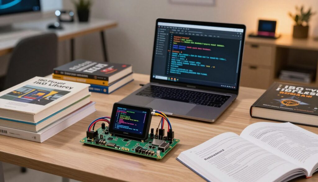 A detailed workspace scene illustrating the configuration of IBO Player libraries on a Raspberry Pi. In the foreground, a Raspberry Pi setup with colorful wires connected to a small touchscreen displaying code in bright colors. Surrounding the Pi, neatly organized, are various technical books and manuals open to sections on library dependencies. In the middle, a laptop with a terminal window showing installation commands and package lists, with the background featuring a modern, well-lit home office filled with tech gadgets. The lighting is soft and warm, creating a focused and inviting atmosphere. The camera angle is slightly overhead to capture the entire setup, emphasizing clarity and organization in this technical environment.