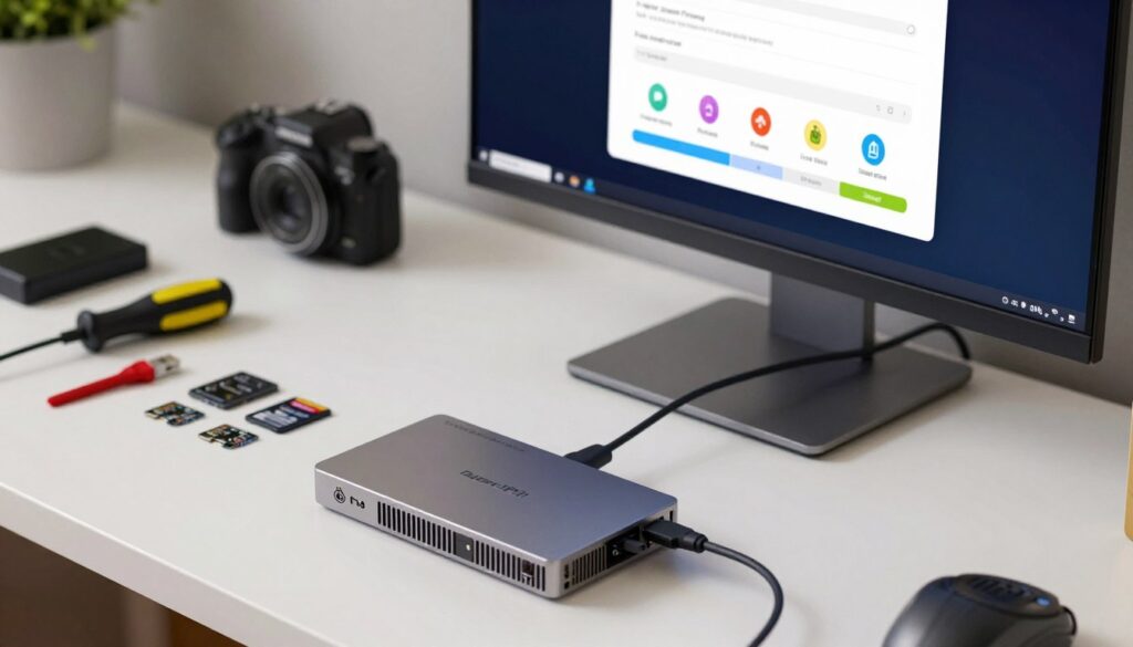 A detailed workspace setup showcasing the Raspberry Pi Imager interface on a computer screen. The foreground features a sleek, modern Raspberry Pi device connected to a monitor displaying the Imager software with colorful icons and progress bars for storage setup. In the middle ground, several microSD cards and USB drives are organized neatly, surrounded by a few technical tools like a screwdriver and a cable. The background depicts a well-lit, clean desk with a subtle hint of a workshop environment, highlighted by soft, natural lighting that creates an inviting atmosphere. The camera angle is slightly above the workspace, providing a clear view of the setup while maintaining a professional and technical mood—reflecting innovation and creativity in technology use.
