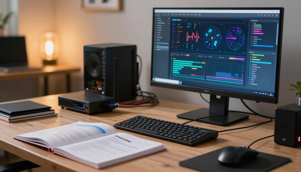 A detailed workspace showcasing the configuration and optimization of Smartone on a Raspberry Pi. In the foreground, a Raspberry Pi connected to a monitor displays vibrant graphs and network data. Surrounding it are tools like a keyboard, mouse, and technical manuals opened to relevant sections about configuration. The middle ground features a soft-focus view of additional tech gadgets, like a router and cables, enhancing the tech atmosphere. The background reveals a cozy home office setup with warm lighting, creating an inviting yet professional environment. A slight lens blur adds a sense of depth, focusing on the Raspberry Pi and its display. The overall mood is innovative and efficient, inviting viewers to engage with the configuration process.