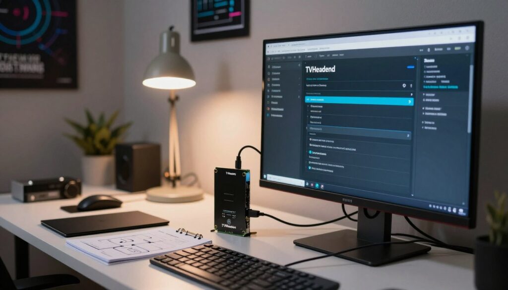 A detailed workspace showcasing the configuration interface of TVHeadend on a Raspberry Pi. In the foreground, a close-up view features a computer monitor displaying the TVHeadend settings menu, illuminated softly by a warm desk lamp. A Raspberry Pi sits next to the monitor, connected with several cables. In the middle ground, a sleek modern desk is visible, cluttered with tech gadgets like a keyboard, mouse, and a notepad with flowcharts outlining the installation process. The background fades into a softly lit room with tech posters on the walls, evoking a tech-savvy atmosphere. The overall mood is focused and professional, ideal for an advanced guide on media streaming technology. Use natural lighting to create a cozy yet efficient workspace ambiance.