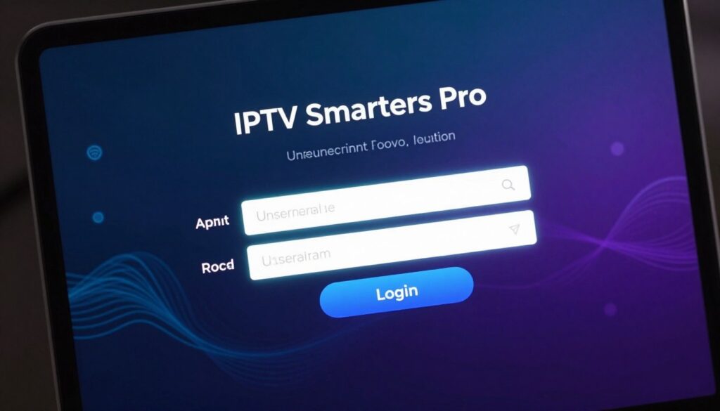 A digital representation of the IPTV Smarters Pro login screen, showcasing an elegant and user-friendly interface. In the foreground, focus on the login fields with soft, glowing outlines, a prominent username and password entry, and a visually appealing 'Login' button. In the middle ground, display subtle tech-themed graphics, like streaming icons or abstract waves, symbolizing connectivity and data flow. The background should be a blurred gradient, shifting from dark blue to deep purple, enhancing the modern vibe. The overall lighting is soft and diffused, giving it a sleek, professional atmosphere reminiscent of contemporary digital applications. Capture a dynamic angle, as if the viewer is engaging directly with the device interface, emphasizing a sense of immersion and interactivity.