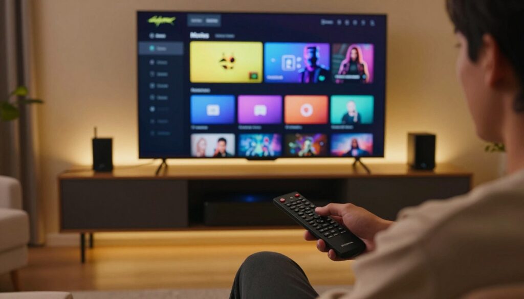 A dynamic Kodi media center interface displayed on a sleek modern television screen, showcasing its user-friendly menu with colorful icons such as "Movies," "TV Shows," and "Add-ons." In the foreground, a user interacts with the remote control, dressed in casual yet tidy clothing, demonstrating convenience. The middle layer features a stylish living room setting with comfortable seating, ambient lighting creating a warm atmosphere. The background includes subtle hints of additional media devices, like a streaming box and Blu-ray player. The lighting is soft, contributing to a relaxed mood while ensuring the screen's vibrant colors stand out. A wide-angle view provides a sense of space and invites the viewer into the home entertainment experience.