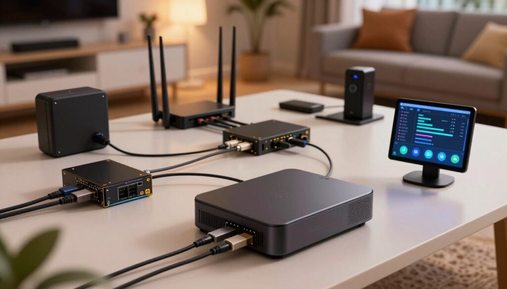 A high-tech home networking setup featuring a Raspberry Pi as the central media server. In the foreground, a Raspberry Pi with connected cables and a small monitor displaying network settings. The middle layer shows a sophisticated home network configuration with routers, switches, and multiple devices linked to the network. The background illustrates a cozy living room setting, subtly lit with warm lighting, enhancing the inviting atmosphere. Use a wide-angle lens effect to capture the depth of the scene. The overall mood should be one of modern technology seamlessly integrated into everyday life, reflecting both innovation and comfort in home entertainment.