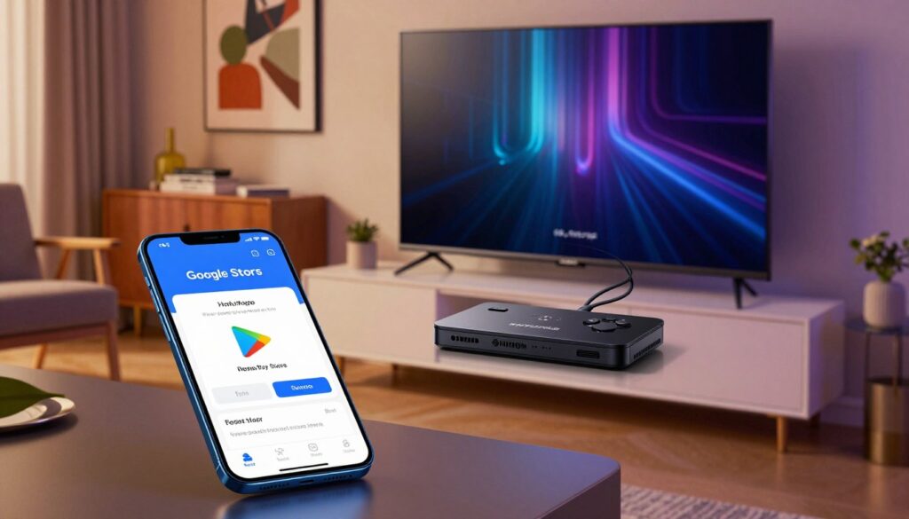 A high-tech living room showcasing a sleek Nvidia Shield connected to a large smart TV. In the foreground, a smartphone with the Google Play Store open, displaying the HotPlayer app ready for installation. Soft, ambient lighting illuminates the room, highlighting the modern furniture and decor. The middle ground features the Nvidia Shield prominently on a stylish media console, with wires neatly arranged. The background fades into a cozy atmosphere with artful decor and a warm color palette, suggesting a welcoming space for entertainment. The scene is captured from a slightly elevated angle, giving a clear view of the phone screen and the television, creating a mood of excitement and anticipation for installation.