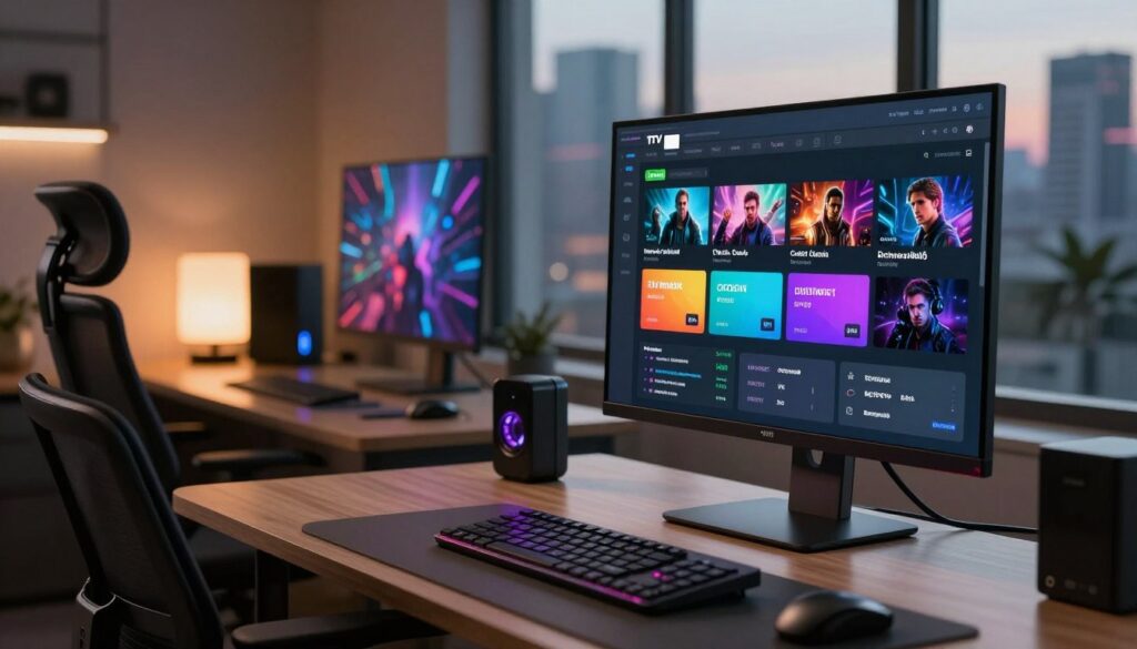 A modern digital workspace featuring a sleek computer setup displaying IPTV player settings optimized for superior video quality. In the foreground, a computer screen showcases a user-friendly interface with various video quality options, such as resolution, bitrate, and frame rate, highlighted with vibrant colors. The middle ground includes a stylish ergonomic chair and desk with high-tech gadgets, creating an inviting atmosphere. In the background, soft ambient lighting illuminates the room, suggesting a cozy yet professional vibe. A large window offers a city skyline view, contrasting the technological focus. The setting conveys a mood of productivity and innovation, inspiring viewers to enhance their viewing experience on Nvidia Shield TV.