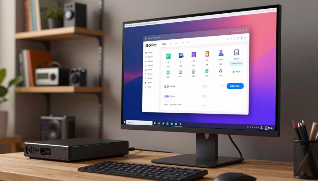 A modern graphical user interface (GUI) of IBO Pro displayed on a sleek Raspberry Pi monitor. The foreground features a close-up of the vibrant screen, showcasing the IBO Pro interface with neatly arranged icons, tabs, and user settings, all in a harmonious color scheme. The middle layer includes a Raspberry Pi device, along with a keyboard and mouse, emphasizing the setup. In the background, the context of a tech-themed workspace is visible, featuring soft-focused shelves with books and tech gadgets, bathed in warm, natural lighting. The mood conveys a sense of innovation and professionalism, inviting users to explore the software’s features and settings. Emphasize sharp details and smooth lines to enhance the digital experience aesthetic.
