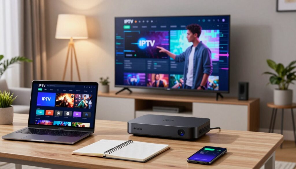 A modern living room featuring a sleek Nvidia Shield streaming device prominently displayed on a stylish entertainment center. In the foreground, a well-organized workspace with a laptop showing an IPTV player interface, surrounded by troubleshooting tools like a notepad and a smartphone for optimization tips. In the middle, a large flat-screen TV displays a vibrant, glitch-free IPTV streaming experience, with a professional person in modest casual clothing adjusting the settings. The background shows soft lighting from a floor lamp, creating a cozy atmosphere, with modern decor and some indoor plants. The scene conveys a sense of problem-solving and technology optimization, emphasizing clarity and focus on the installation process.