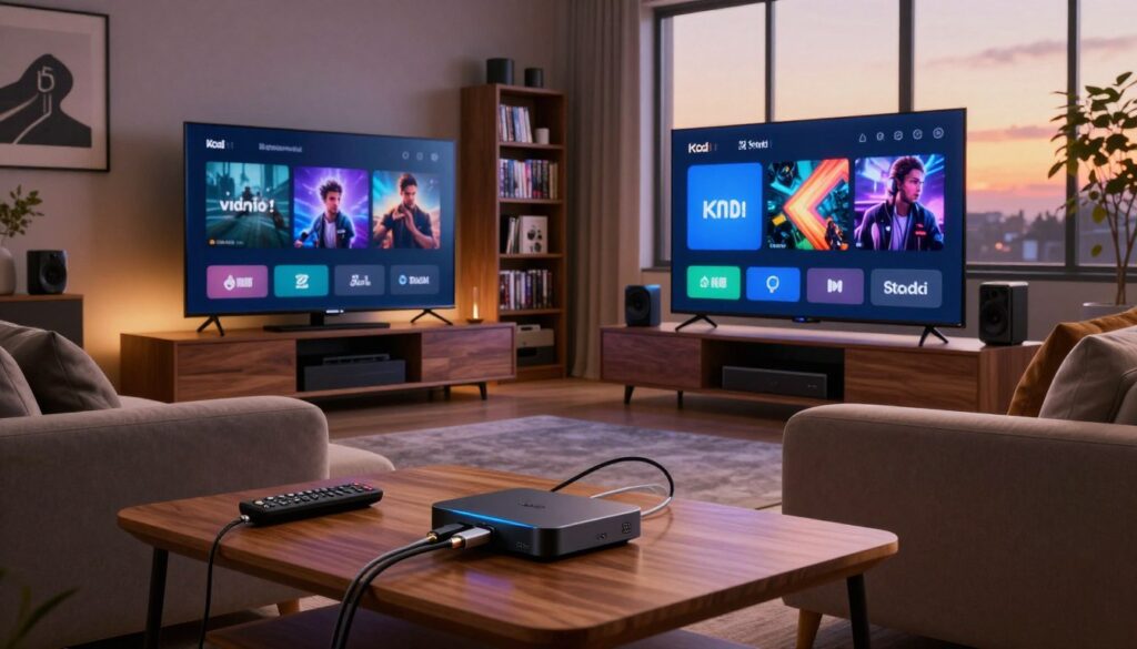 A modern living room featuring a sleek media center setup with Kodi interface displayed on a large flat-screen TV. In the foreground, a stylish wooden coffee table holds a Raspberry Pi device connected to various cables, alongside a remote control. In the middle, a comfortable sofa faces the TV, creating an inviting atmosphere. Soft evening lighting enhances the cozy setting, casting warm tones across the room. The background shows tasteful wall art and a bookshelf filled with DVDs and tech gadgets, highlighting the integration of technology and leisure. A gentle view of large windows reveals a sunset, creating an uplifting and relaxing ambiance that underscores the enjoyment of media integration at home.