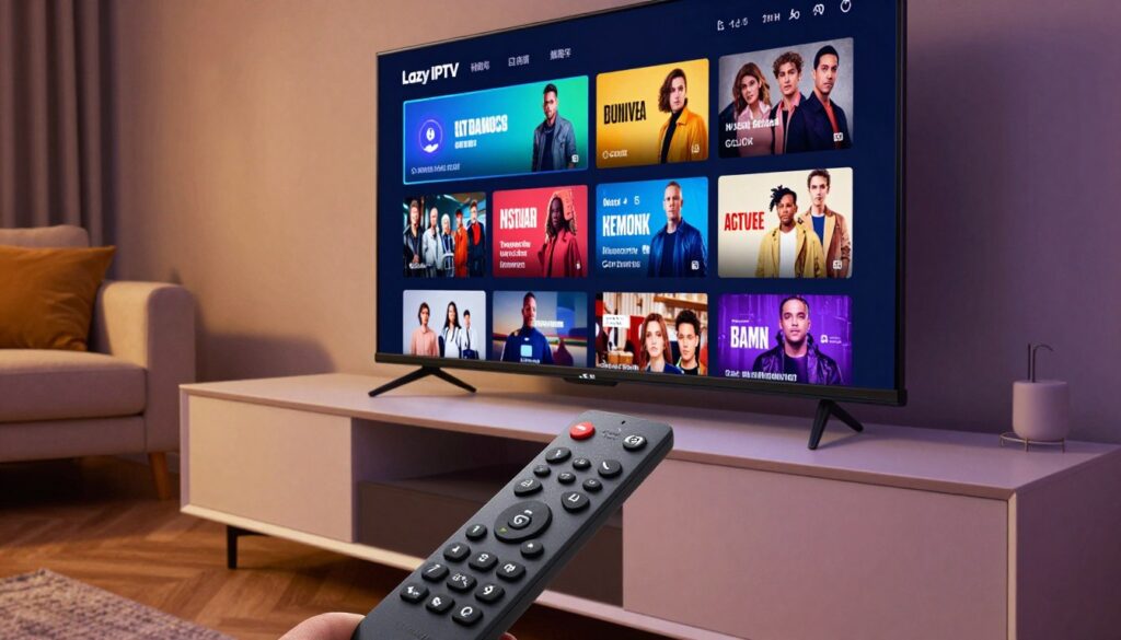 A modern living room scene featuring a sleek NVIDIA Shield TV prominently displayed on a stylish entertainment center. In the foreground, there's a user-friendly remote control with easy-to-read buttons, highlighting the installation aspect of Lazy IPTV. The middle ground shows a TV screen showcasing a vibrant Lazy IPTV interface, complete with colorful thumbnails of various content categories. The background features a cozy sofa and ambient lighting, creating a relaxed atmosphere. Soft, warm lighting enhances the inviting mood, while the angle captures the room from a slight upward perspective, emphasizing the technology. This image should convey a sense of ease and comfort while installing Lazy IPTV on the NVIDIA Shield.