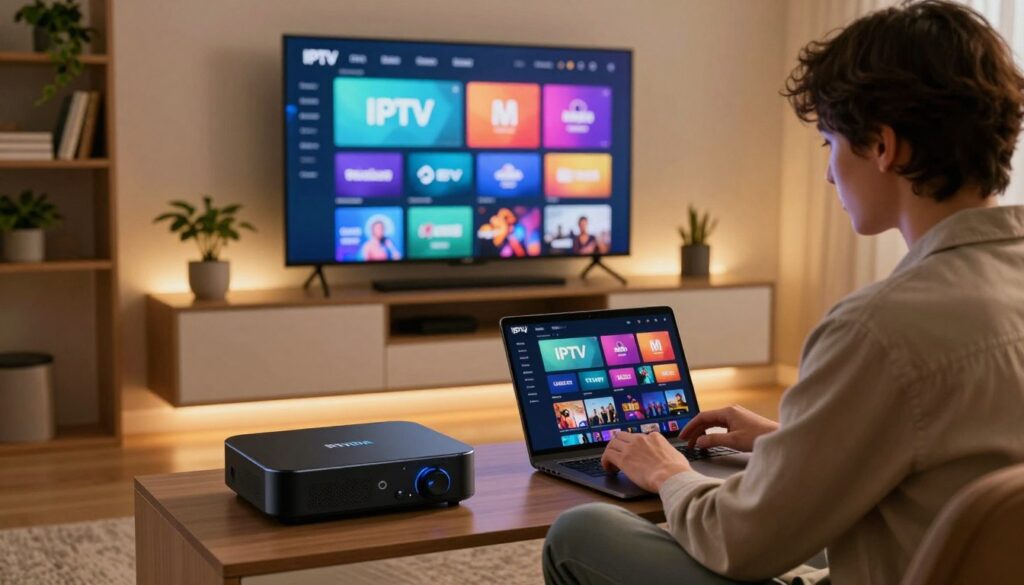 A modern living room scene featuring a sleek Nvidia Shield device on a stylish entertainment center. In the foreground, a user, dressed in casual professional attire, is intently focused on configuring an IPTV playlist on a laptop, with colorful digital interfaces displaying various channel options. The middle layer includes a large flat-screen TV mounted on the wall, showing a vibrant IPTV interface with channel logos. In the background, soft ambient lighting creates a cozy atmosphere, while decorative elements like plants and bookshelves add a touch of personalization to the space. The room has a contemporary design, highlighting technology's role in enhancing the IPTV experience, with warm tones dominating the color palette for a welcoming feel.