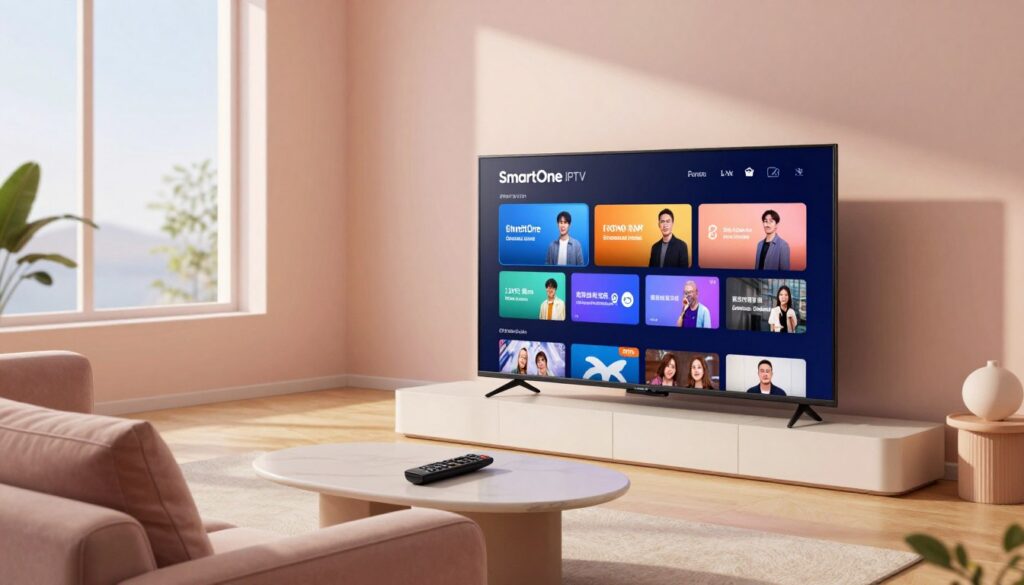A modern living room scene featuring a sleek television displaying the SmartOne IPTV interface. In the foreground, a comfortable sofa is adorned with soft cushions, while a stylish coffee table holds a remote control. In the middle, the TV screen showcases vibrant thumbnails of various channels and options, symbols of user-friendly navigation. In the background, large windows allow natural light to stream in, casting a warm glow on the room's pastel walls. The atmosphere is inviting and relaxed, hinting at convenient entertainment. Use soft, diffused lighting to create a cozy ambiance, and employ a slight-angle perspective to emphasize the functionality of SmartOne IPTV, making it visually captivating and tech-forward.