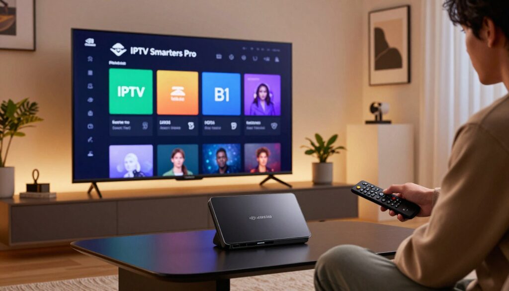 A modern living room setting featuring a sleek, high-tech NVIDIA Shield device on a stylish coffee table. In the foreground, there is a user-friendly interface displayed on a large flat-screen TV, showcasing the IPTV Smarters Pro configuration menu with vibrant colors and clear graphics. To the right, a person in smart casual clothing, focused on a remote control, is engaged in setting up the device. Soft, ambient lighting highlights the space, creating a warm and inviting atmosphere. The background features minimalist decor with plants and artwork, enhancing the tech-savvy vibe of the scene. The image captures a sense of anticipation and productivity, ideal for illustrating the installation and initial setup steps.