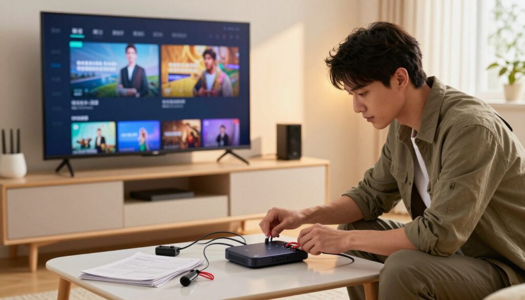A modern living room setting with a sleek TV displaying an IPTV interface on the screen, showcasing an installation process. In the foreground, a professional technician in a smart casual outfit is attentively adjusting cables and settings on a Roku device, demonstrating problem-solving techniques. The middle ground features an organized workspace with tools, manuals, and a Wi-Fi router, hinting at troubleshooting steps. The background is softly lit with warm, inviting colors, creating a relaxed atmosphere. The lighting is bright yet gentle, suggesting afternoon sunlight filtering through a nearby window. Capture a focused, solution-oriented mood, emphasizing the process of installation and troubleshooting in a smart home environment.