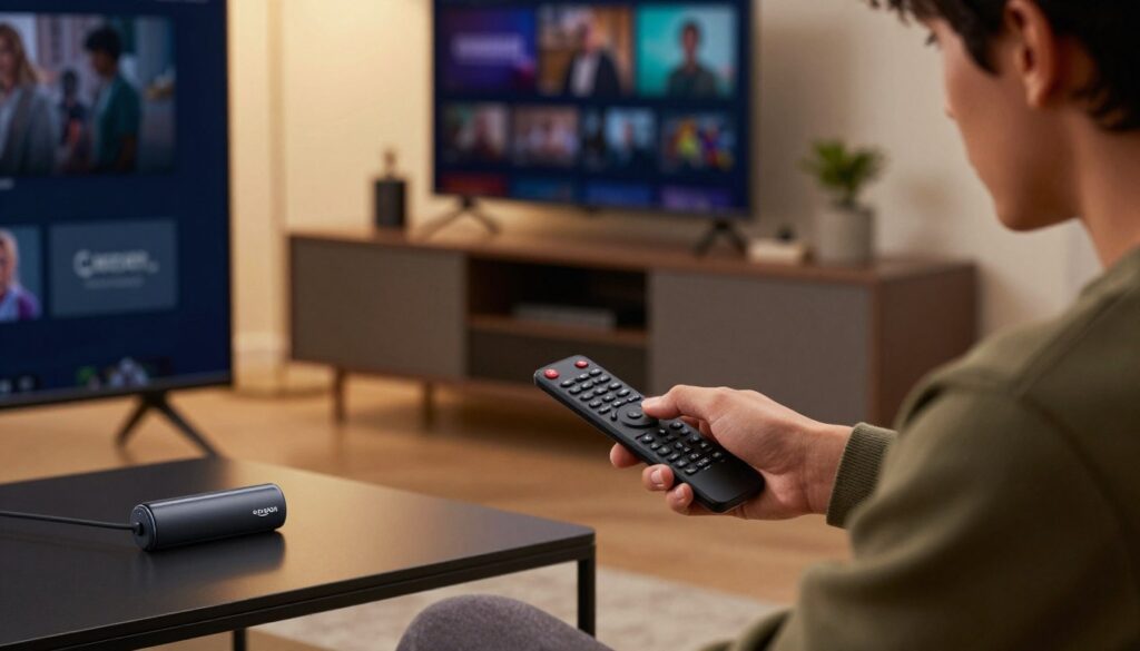 A modern living room setup showcasing a sleek Amazon Fire TV Stick plugged into a flat-screen TV. In the foreground, a person wearing smart casual attire is focused on a remote control, with a look of concentration on their face as they navigate the screen. The middle ground features a neatly arranged entertainment center with a variety of tech gadgets and some decorative items. The background is softly illuminated with warm light, creating a cozy atmosphere. Utilize a shallow depth of field to draw attention to the person and the Fire TV Stick. The image should evoke a sense of ease and clarity associated with the installation process of Smart IPTV on the Firestick.
