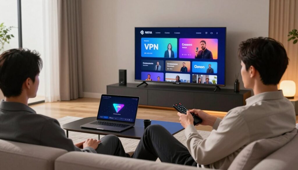 A modern living room setup with a sleek Nvidia Shield TV displayed on a wall-mounted flat-screen, showing a vibrant VPN streaming interface. In the foreground, a person in professional business attire is sitting comfortably on a stylish couch, using a remote control, looking engaged and relaxed. The middle ground features a small coffee table with a laptop open, displaying a VPN application, and a cozy atmosphere enhanced by soft ambient lighting. In the background, a large window allows natural light to flood the room, creating an inviting and safe environment. The mood is calm and focused, emphasizing privacy and optimized streaming for a seamless entertainment experience.