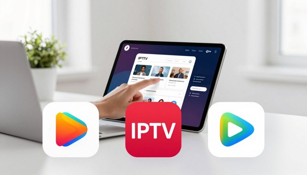 A modern, sleek comparison infographic showcasing alternatives to IPTV Smarters Pro, set against a clean, minimalist workspace background. In the foreground, feature three diverse app icons or logos representing popular IPTV alternatives, arranged visually appealing and slightly overlapping. The middle layer includes a hand interacting with a tablet displaying an app interface, symbolizing user engagement. The background is softly blurred, containing minimalistic office elements like a laptop, a potted plant, and soft natural lighting streaming through a window, creating a productive atmosphere. Use a wide-angle perspective to capture the entire scene. The color palette should be vibrant yet professional, invoking a sense of innovation and accessibility in IPTV solutions.