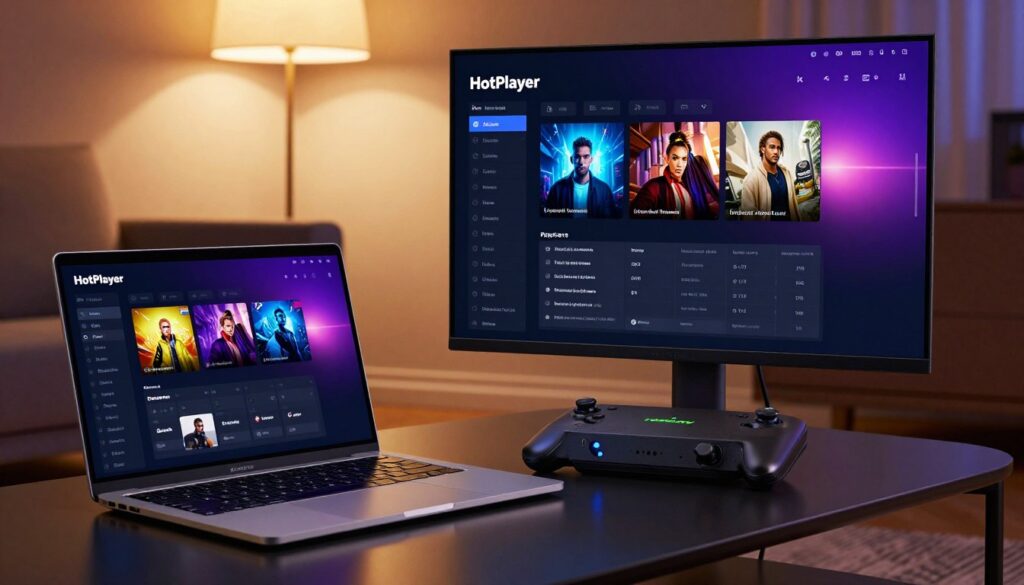 A modern, sleek interface for the "HotPlayer" playlist configuration displayed on a high-resolution screen in a cozy living room setting. In the foreground, a laptop with a vibrant display shows the HotPlayer interface with options for playlist management. In the middle ground, a stylish Nvidia Shield device sits on a polished coffee table, subtly glowing to indicate power on. The background features soft, warm lighting from an overhead lamp, casting a welcoming glow. The mood is focused yet relaxed, ideal for a tech-savvy audience configuring their media. Use a wide-angle perspective to emphasize the workspace, ensuring clarity in the interface design and device integration.