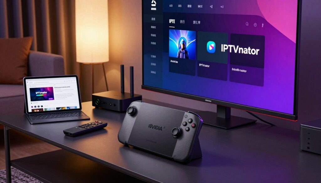 A sleek NVIDIA Shield setup prominently displayed on a modern living room media center. The foreground features the NVIDIA Shield device in sharp focus, surrounded by a wireless remote and a vibrant LED-lit display screen showing the IPTVnator app interface. In the middle ground, a stylish coffee table cluttered with a few streaming devices and a tablet with a tutorial webpage open on IPTV configuration. The background depicts a cozy, dimly lit room with soft ambient lighting from floor lamps, creating a warm atmosphere. Capture this scene from a slightly elevated angle, emphasizing the tech-savvy vibe and personalization aspects of the IPTV setup. No people are present, ensuring a clean professional aesthetic.