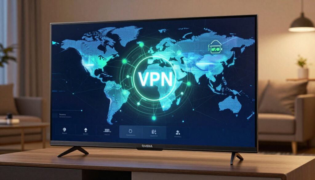 A sleek Nvidia Shield TV prominently positioned in the foreground, with a glowing VPN application interface displayed on its screen, conveying security and privacy. In the middle ground, a stylized representation of virtual network connections radiates outward, symbolizing encrypted data and global accessibility, with lines and nodes lit up in vibrant blues and greens. The background features a softly blurred living room setting, with modern furniture and ambient lighting creating a cozy, tech-savvy atmosphere. The overall mood is one of innovation and security, highlighting the importance of safe and unlimited streaming options. The lighting is warm and inviting, focusing on the Nvidia Shield, with a slight angle to enhance depth and draw the viewer’s eye towards the device.