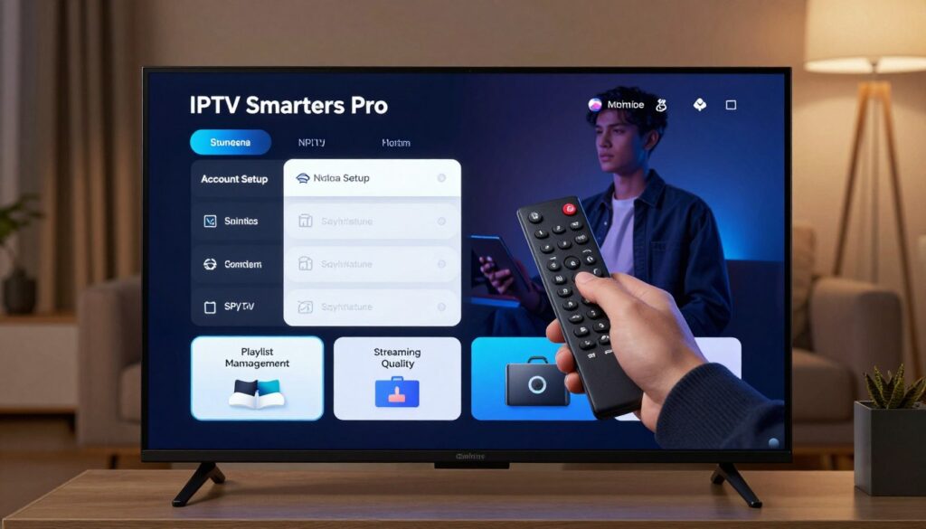 A sleek and modern IPTV Smarters Pro configuration screen displayed on a high-resolution Nvidia Shield TV interface. The foreground features a well-organized digital menu, showcasing various settings like "Account Setup," "Playlist Management," and "Streaming Quality," all illuminated with soft blue and white hues. The middle ground includes a hand using a remote control for navigation, dressed in smart casual attire, reflecting a tech-savvy user. The background shows a cozy living room environment with a stylish entertainment center and ambient lighting that gives a warm and inviting feel. The overall atmosphere is professional yet approachable, capturing the essence of configuring IPTV on a user-friendly interface.