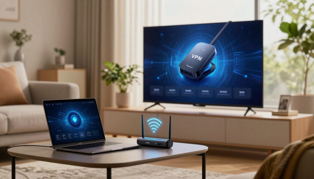 A sleek, modern living room with a focus on a prominent Amazon Fire TV Stick plugged into a flat-screen TV. In the foreground, there's a minimalist coffee table with a laptop displaying a VPN interface, and a wireless router emitting signals, symbolizing secure internet access. The middle ground features a cozy sofa and decorative plants, creating an inviting atmosphere. The background is softly lit by natural light coming through a large window, highlighting the tech setup while maintaining a comfortable vibe. The overall mood is one of security and efficiency, portraying a safe streaming experience. Use a warm color palette with a slight focus on blues and greens to emphasize the tech aspect. No text or branding should be included.