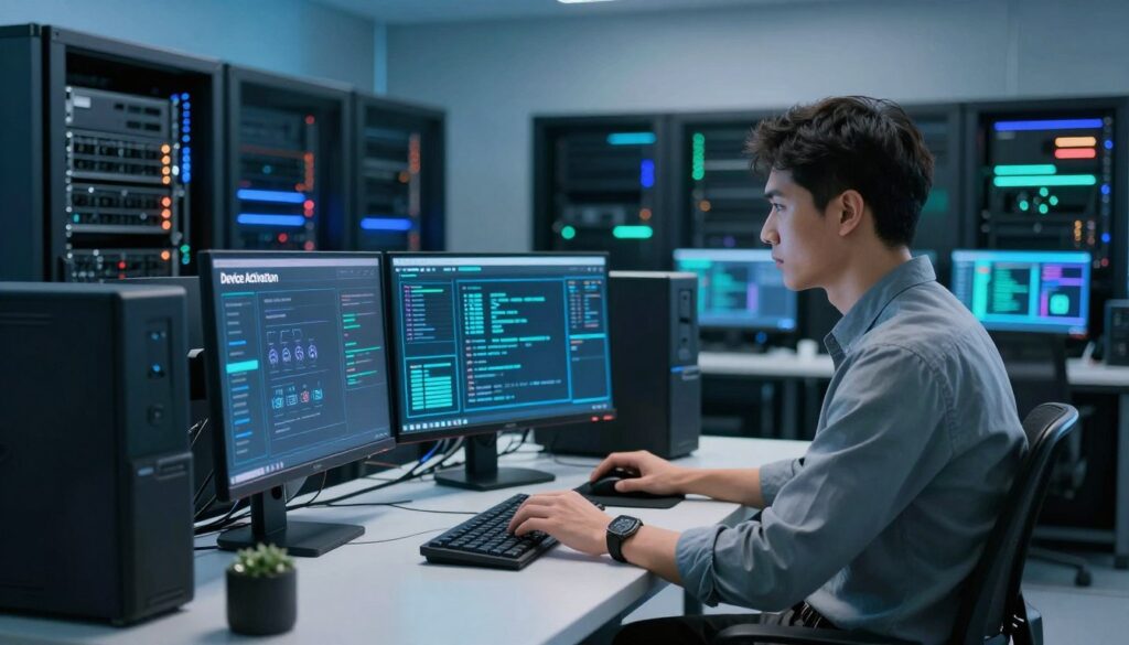 A sleek, modern workspace featuring a Raspberry Pi setup within a secure server room. In the foreground, a focused professional in smart casual attire interacts with digital security interface displays that showcase "Device Activation" processes. The middle ground reveals a tech-rich environment with servers, blinking lights, and monitors displaying cybersecurity analytics in vibrant colors. The background features a clean, organized layout with soft blue lighting creating a sophisticated, secure atmosphere. The image captures a sense of diligence and technological sophistication, conveying the importance of security in device activation. A slightly angled perspective provides depth, bringing focus to the professional and their tasks amidst the advanced technology. The overall mood is one of concentration, innovation, and commitment to cybersecurity.