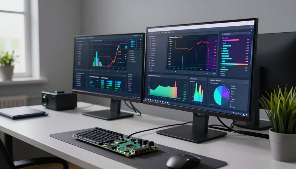 A sleek, modern workspace showcasing video output performance optimization for OttPlayer on a Raspberry Pi. In the foreground, a Raspberry Pi connected to a high-resolution monitor displaying a vibrant, optimized video stream interface. The middle layer features charts and graphs representing performance metrics, illuminated by soft, ambient lighting. The background consists of a stylish desk with tech gadgets, cables neatly organized, and a potted plant adding a touch of greenery. The atmosphere is focused and professional, evoking a sense of productivity and creativity. Use a wide-angle lens perspective for an expansive view, with natural light softly filtering through a nearby window, enhancing the clarity of the image.