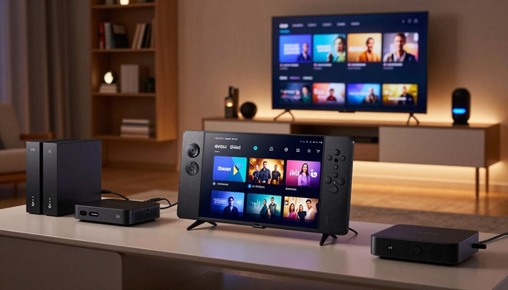 A sophisticated home theater setup featuring an Nvidia Shield TV prominently displayed in the foreground, with its sleek black design and illuminated interface. Surrounding it are various streaming devices and a modern DLNA server setup, with visible connections and network cables presented in a clean and organized manner. In the middle ground, soft ambient lighting highlights a stylish TV stand, complemented by a high-definition television displaying a streaming service menu. The background features shelves with books, decorative items, and a cozy atmosphere dimmed gently, suggesting a serene viewing environment. Use a wide-angle lens to capture the depth of the scene, with a warm, inviting mood that reflects the ease of installation and configuration for streaming options. The image should be well-lit, ensuring clarity and a professional aesthetic, without any text or distractions.