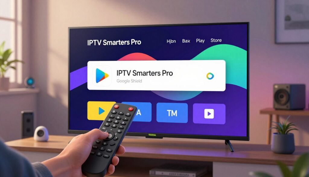 An illustration of a modern Nvidia Shield TV displaying the Google Play Store interface, showcasing the IPTV Smarters Pro app installation screen. In the foreground, a hand is reaching towards the TV's remote control, poised to select the IPTV Smarters Pro app icon, which is prominently featured in a vibrant, colorful layout. The middle ground includes a sleek living room setting with contemporary decor, soft ambient lighting creating a cozy atmosphere. In the background, there is a stylish shelf with tech gadgets, and a window allowing soft natural light to filter in, enhancing the inviting mood. The overall tone is professional and tech-savvy, ideal for readers interested in smart TV applications.